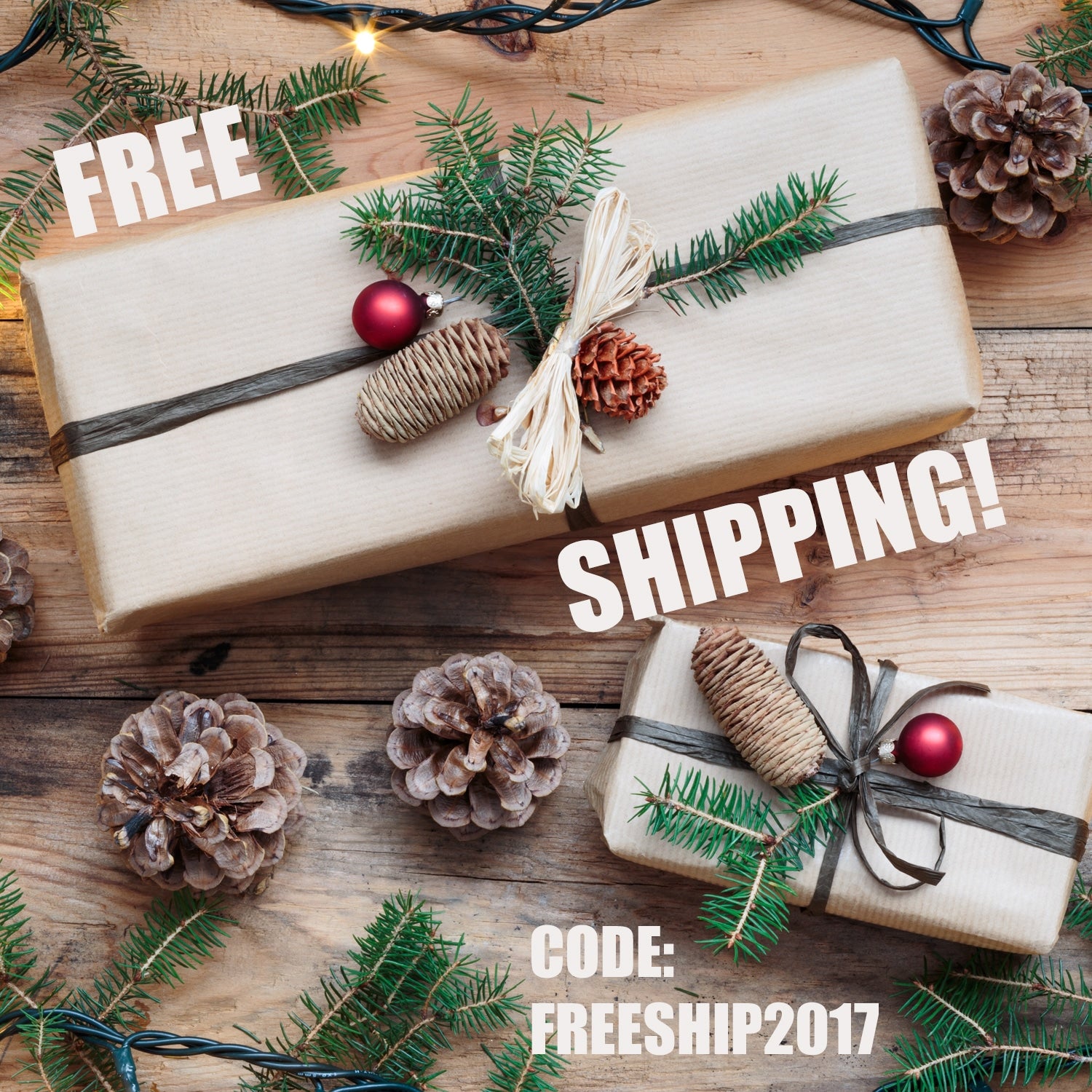 Wrapped Christmas presents on wooden floor free shipping coupon code Rebel Green
